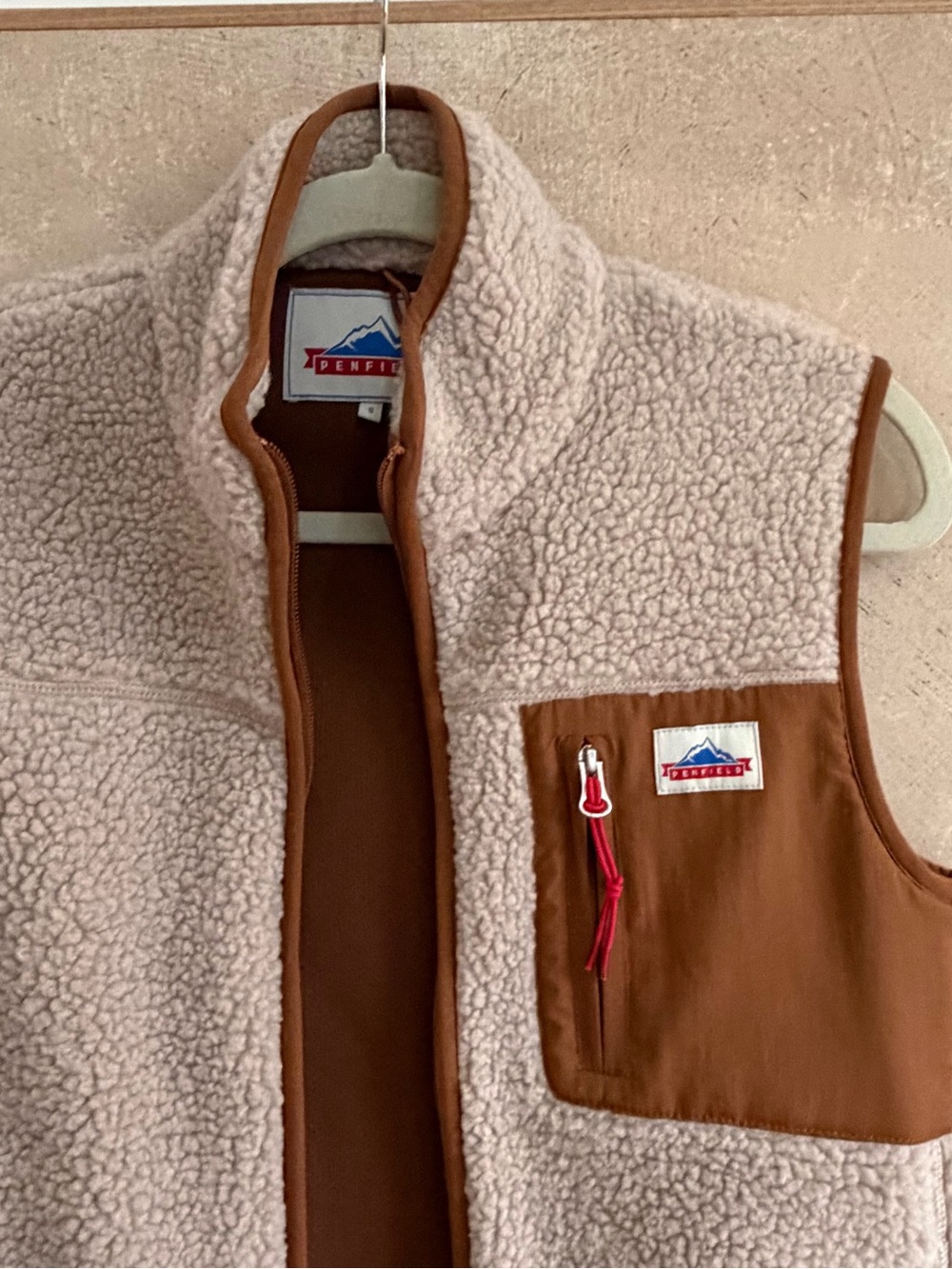 Penfield women’s Cream Sherpa Vest with Brown Trim